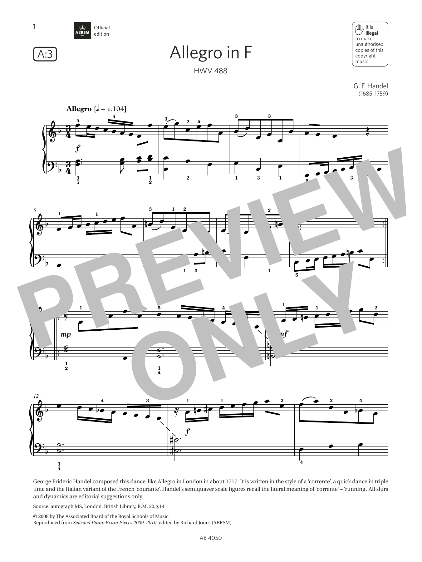 Download G F Handel Allegro in F (Grade 4, list A3, from the ABRSM Piano Syllabus 2023 & 2024) Sheet Music and learn how to play Piano Solo PDF digital score in minutes
