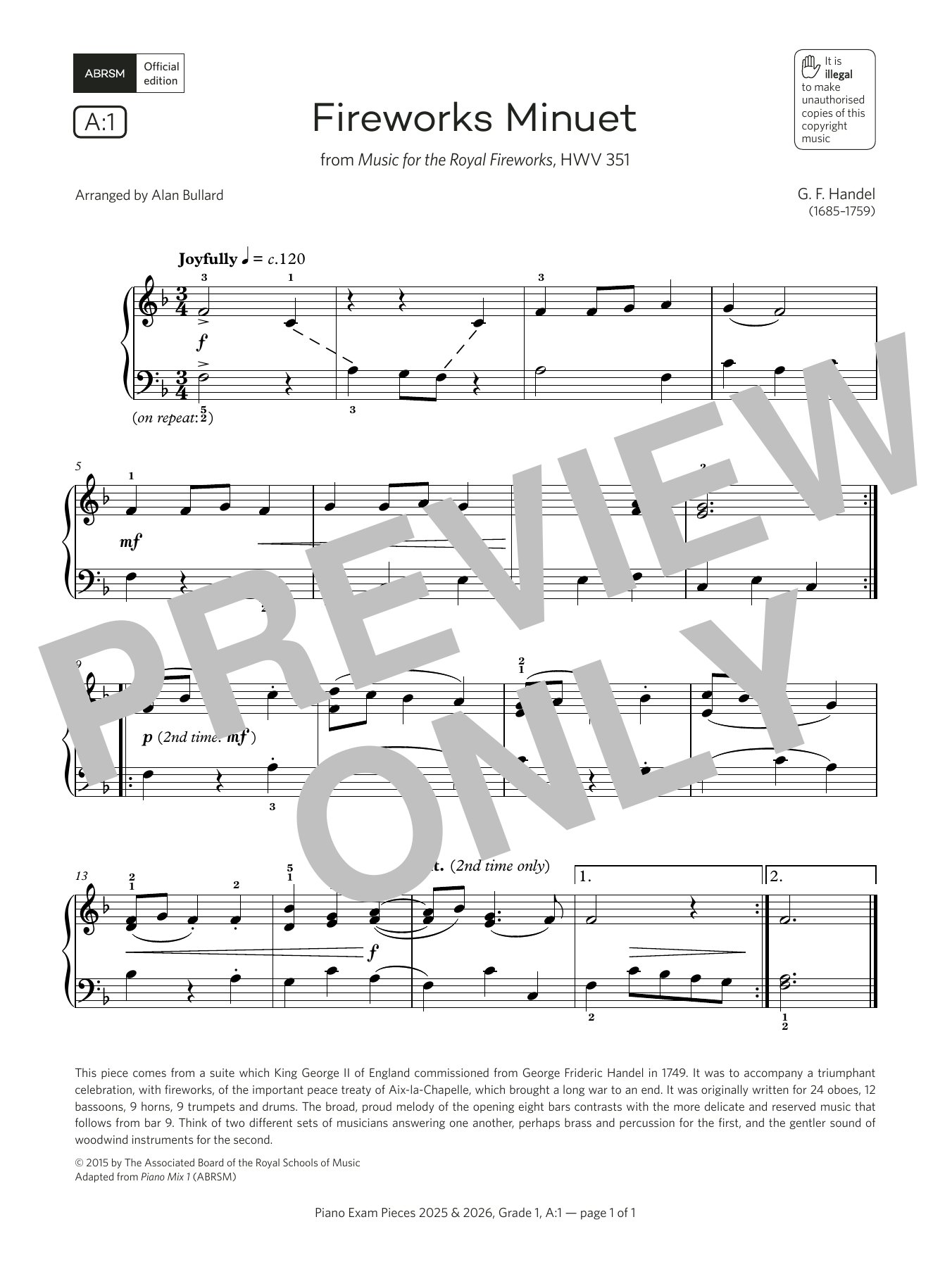 Download G. F. Handel Fireworks Minuet (Grade 1, list A1, from the ABRSM Piano Syllabus 2025 & 2026) Sheet Music and learn how to play Piano Solo PDF digital score in minutes