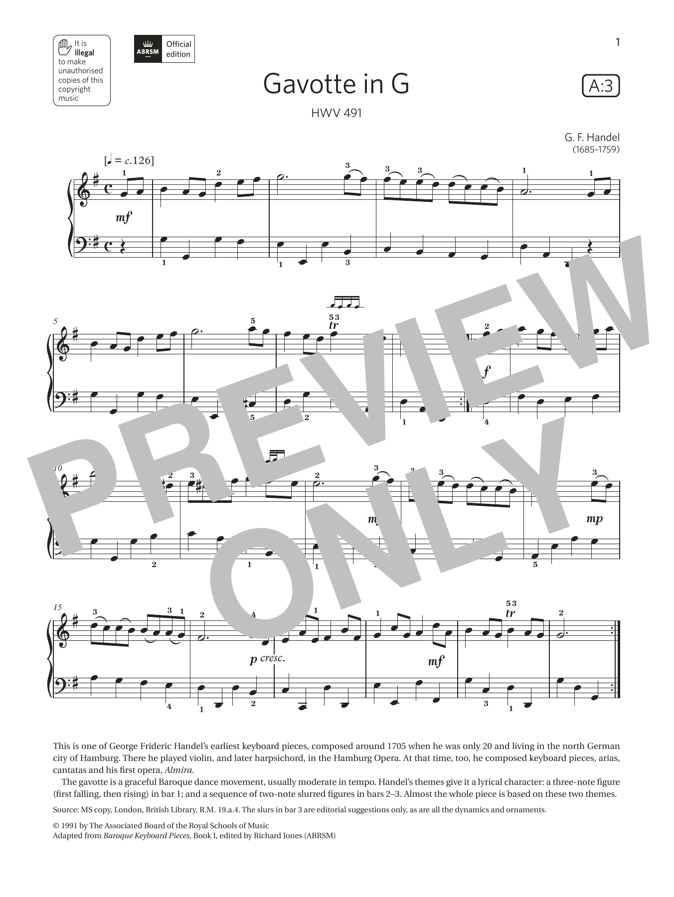 Download G. F. Handel Gavotte in G (Grade 3, list A3, from the ABRSM Piano Syllabus 2021 & 2022) Sheet Music and learn how to play Piano Solo PDF digital score in minutes