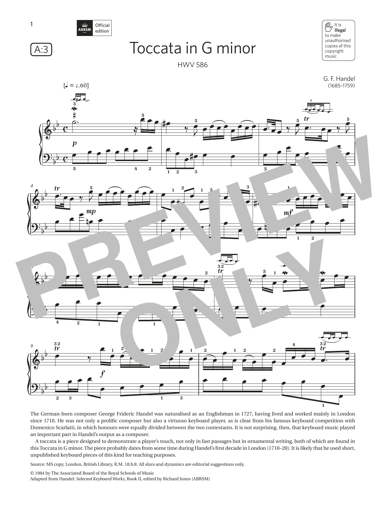 Download G. F. Handel Toccata in G minor (Grade 5, list A3, from the ABRSM Piano Syllabus 2021 & 2022) Sheet Music and learn how to play Piano Solo PDF digital score in minutes