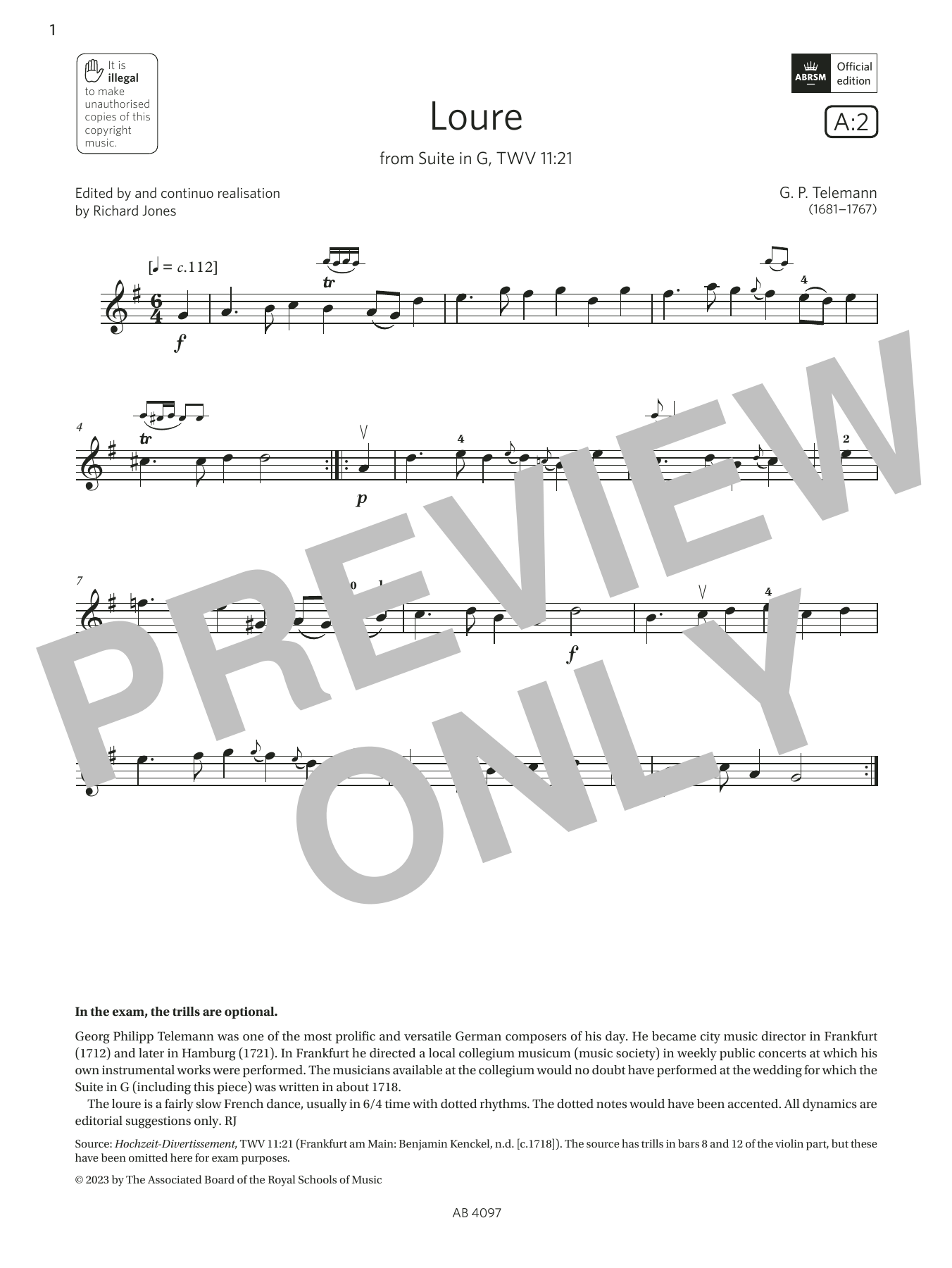 Download G. P. Telemann Loure (Grade 3, A2, from the ABRSM Violin Syllabus from 2024) Sheet Music and learn how to play Violin Solo PDF digital score in minutes