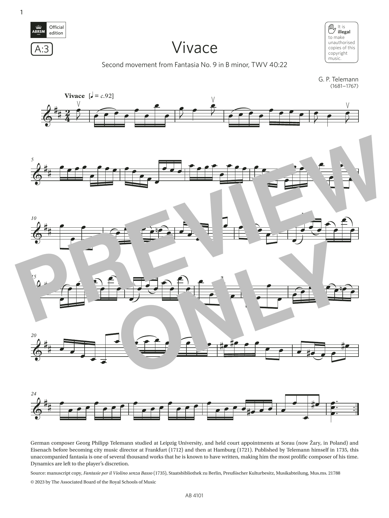 Download G. P. Telemann Vivace (Grade 7, A3, from the ABRSM Violin Syllabus from 2024) Sheet Music and learn how to play Violin Solo PDF digital score in minutes