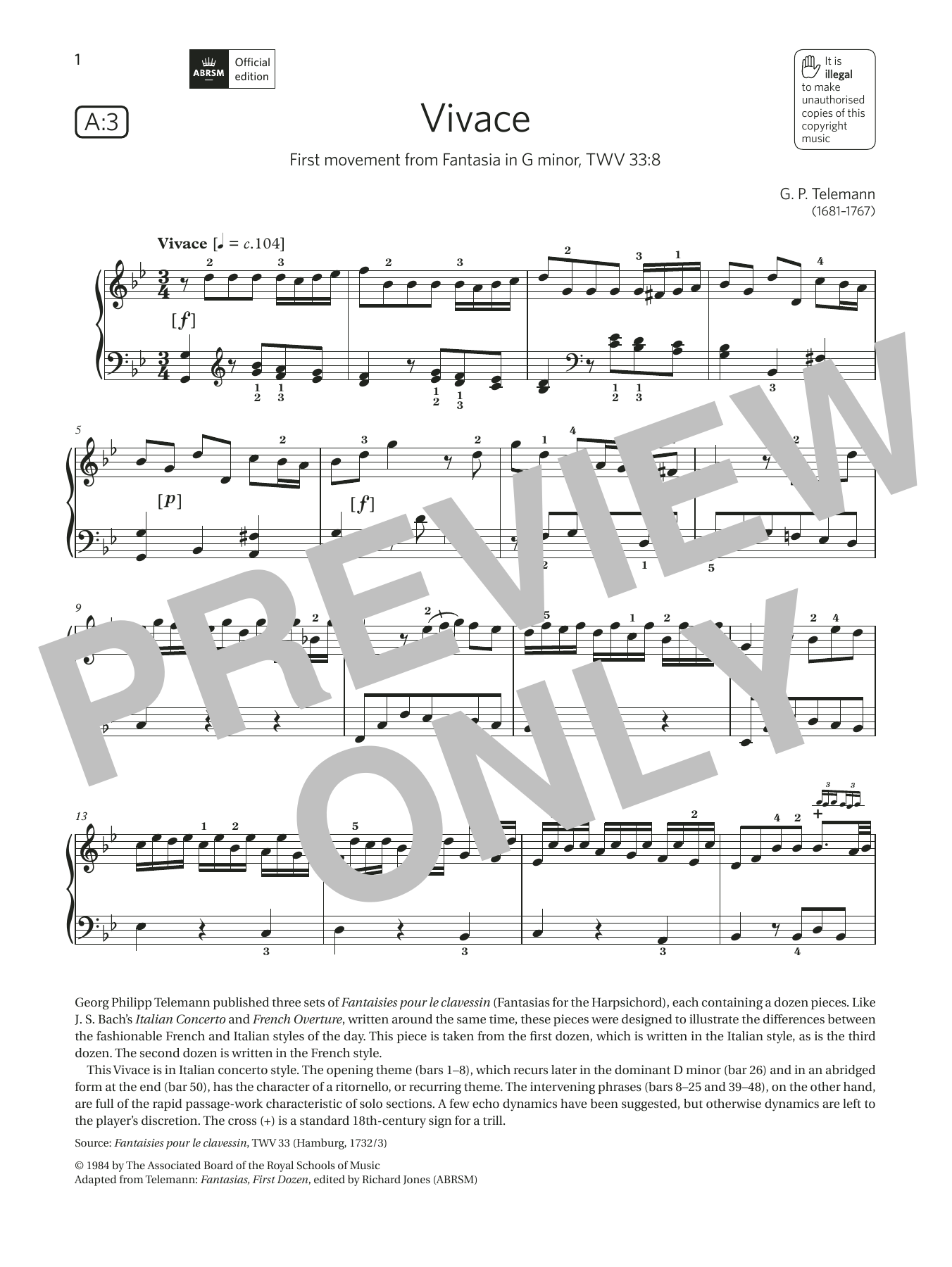 Download G. P. Telemann Vivace (Grade 7, list A3, from the ABRSM Piano Syllabus 2021 & 2022) Sheet Music and learn how to play Piano Solo PDF digital score in minutes
