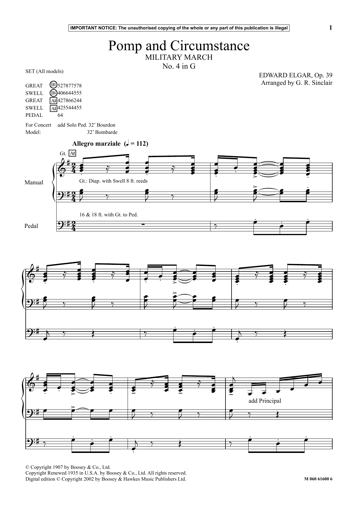 Download G. R. Sinclair Pomp And Circumstance (Military March No. 4 In G) Sheet Music and learn how to play Instrumental Solo PDF digital score in minutes