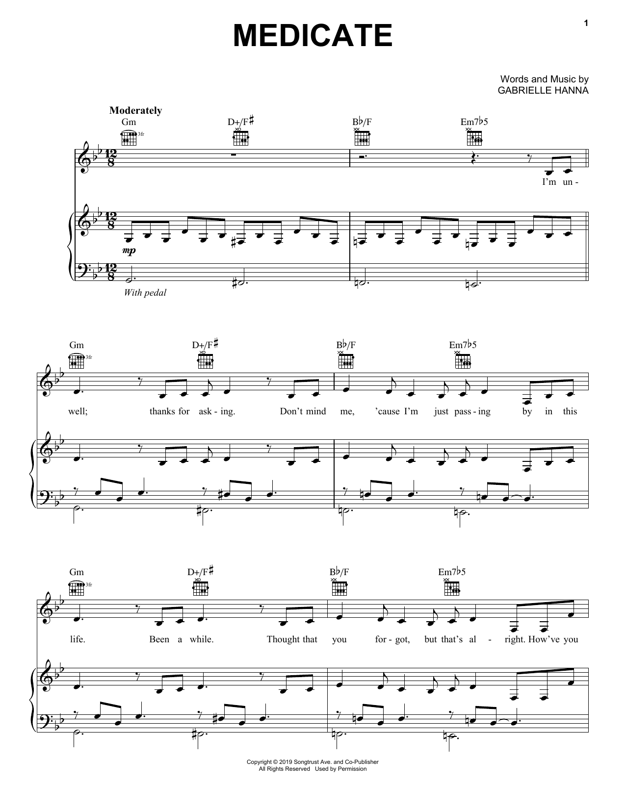 Download Gabbie Hanna Medicate Sheet Music and learn how to play Piano, Vocal & Guitar Chords (Right-Hand Melody) PDF digital score in minutes