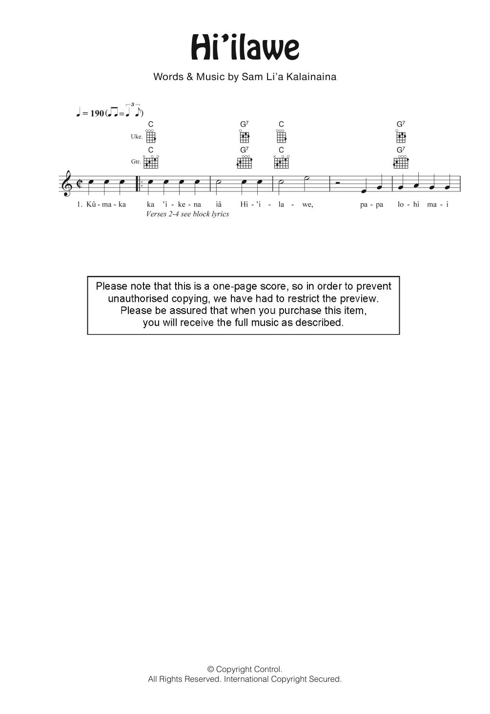 Download Gabby Pahinui Hi'ilawe Sheet Music and learn how to play Ukulele PDF digital score in minutes