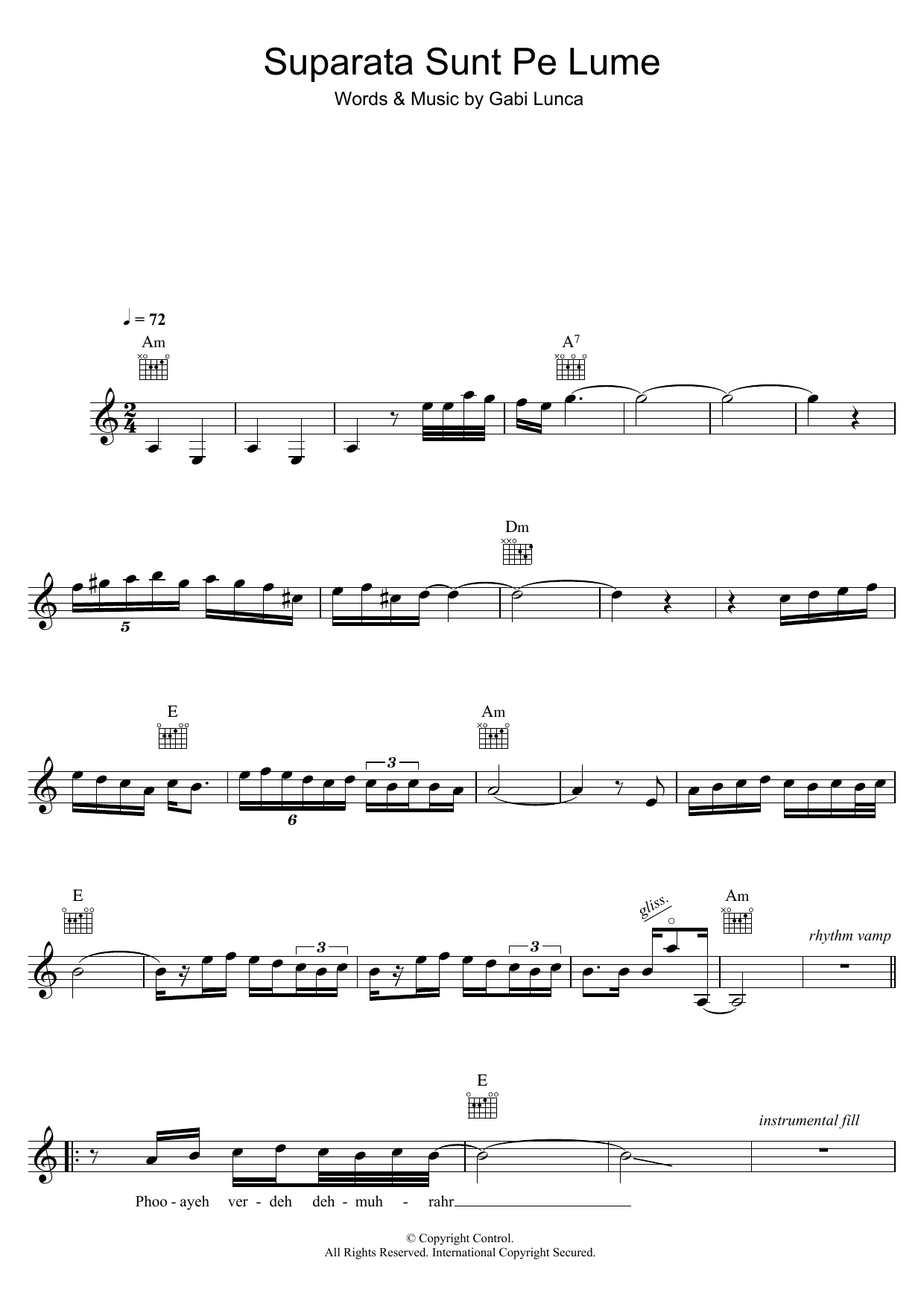 Download Gabi Lunca Suparata Sunt Pe Lume Sheet Music and learn how to play Melody Line, Lyrics & Chords PDF digital score in minutes