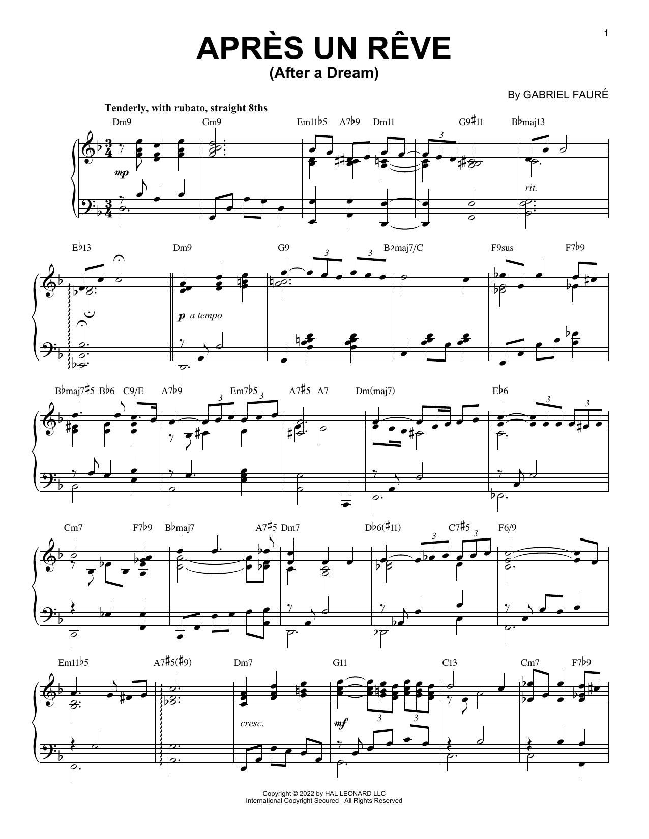 Download Gabriel Faure Apres Un Reve [Jazz version] (arr. Brent Edstrom) Sheet Music and learn how to play Piano Solo PDF digital score in minutes