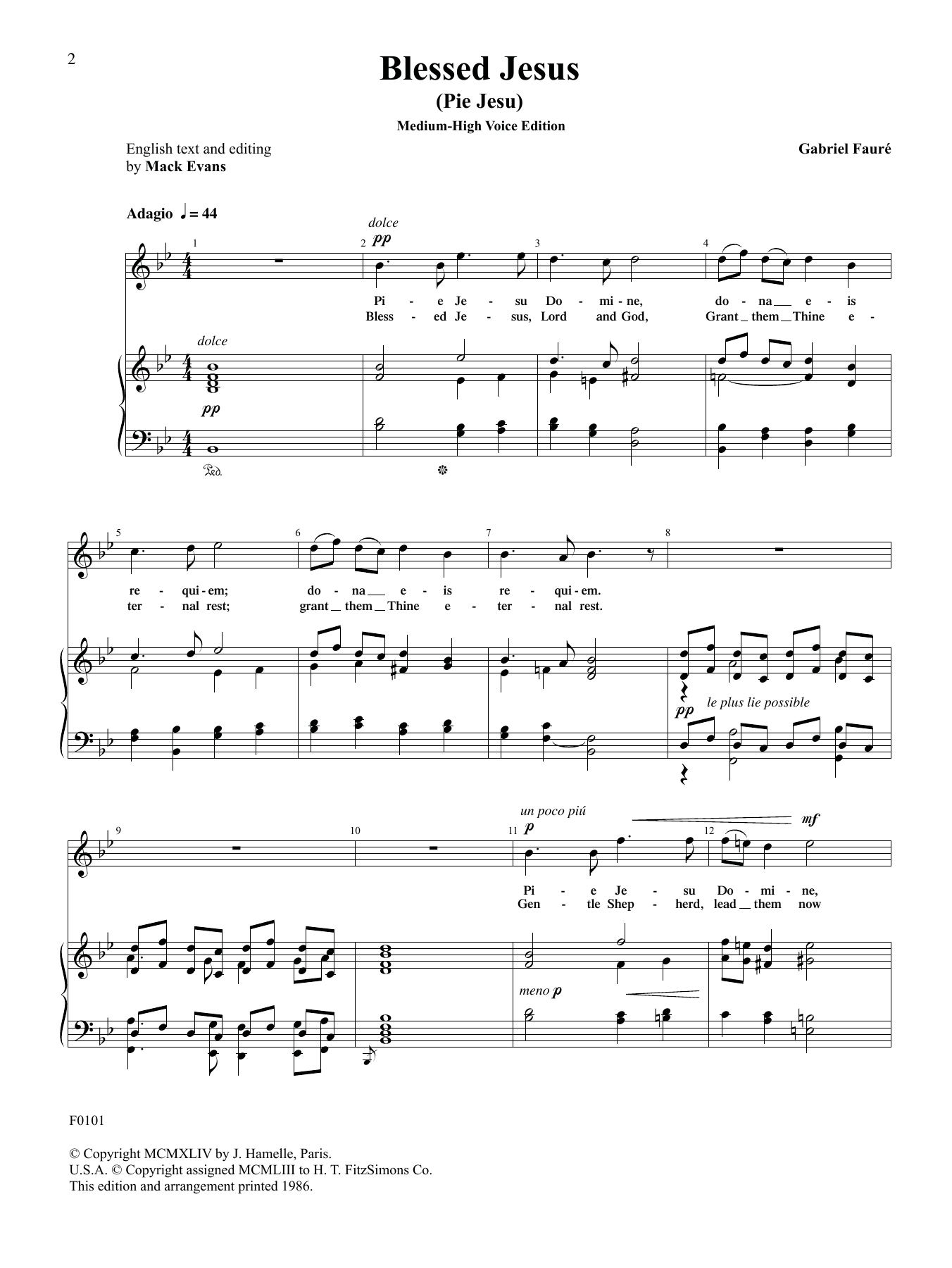 Download Gabriel Faure Blessed Jesus (Pie Jesu) (High Voice) Sheet Music and learn how to play Piano & Vocal PDF digital score in minutes