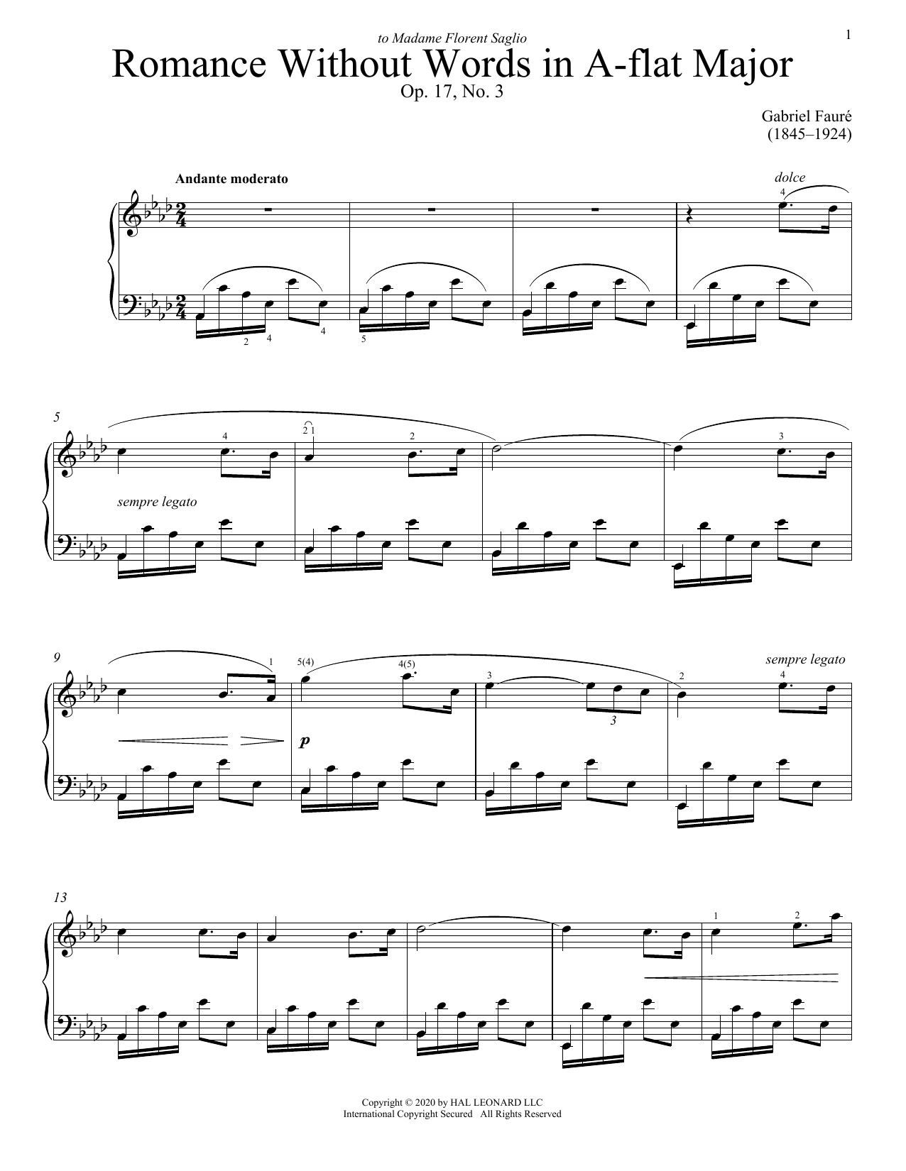 Download Gabriel Faure Romance Sans Paroles, Op. 17, No. 3 (Song Without Words) Sheet Music and learn how to play Piano Solo PDF digital score in minutes