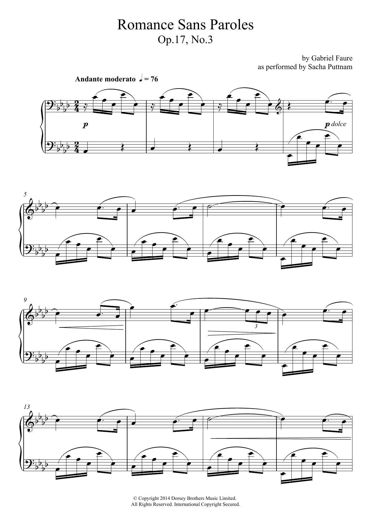 Download Gabriel Fauré Romance Sans Paroles Op.17, No.3 (as performed by Sacha Puttnam) Sheet Music and learn how to play Piano PDF digital score in minutes