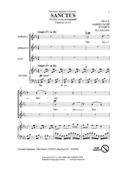 Download Gabriel Fauré Sanctus (arr. Jill Gallina) Sheet Music and learn how to play SSA PDF digital score in minutes