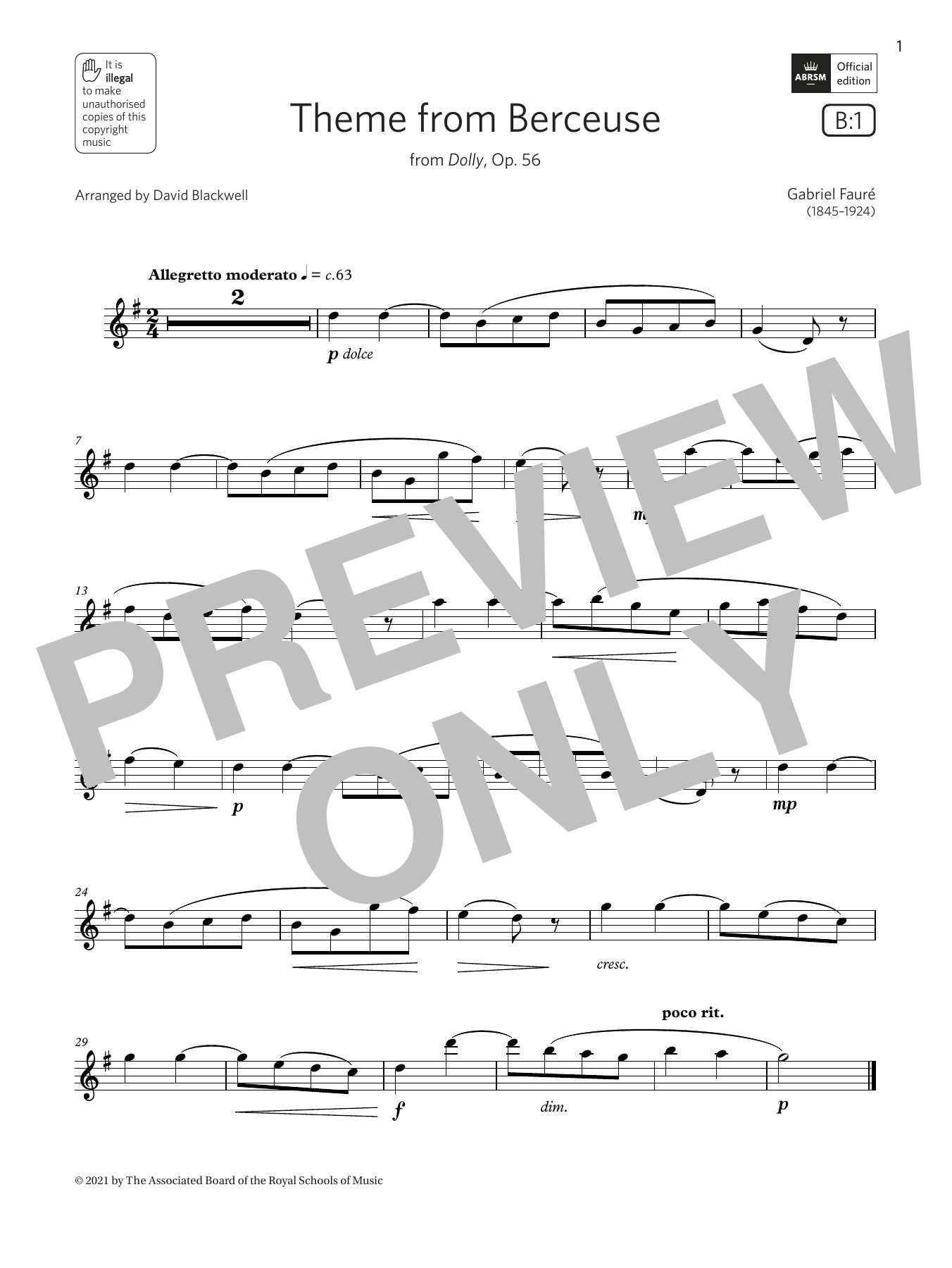 Download Gabriel Faure Theme from Berceuse (from Dolly, Op. 56) (Grade 2 List B1 from the ABRSM Flute Sheet Music and learn how to play Flute Solo PDF digital score in minutes