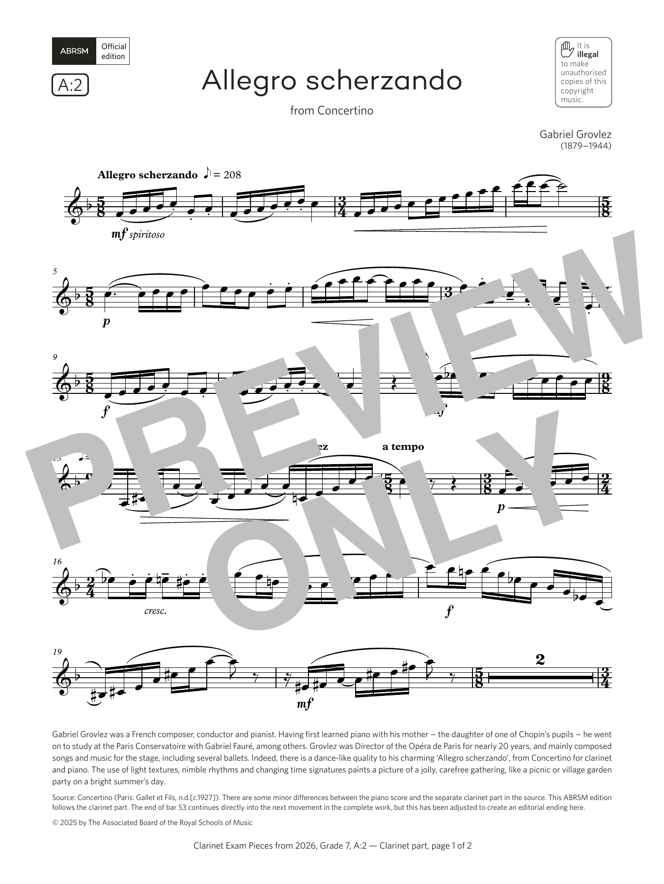 Download Gabriel Grovlez Allegro scherzando (Grade 7, list A2, from the ABRSM Clarinet Syllabus from 2026 Sheet Music and learn how to play Clarinet Solo PDF digital score in minutes