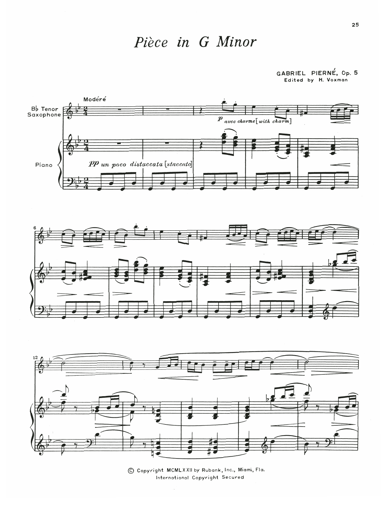 Download Gabriel Pierne Piece In G Minor Sheet Music and learn how to play Tenor Sax and Piano PDF digital score in minutes