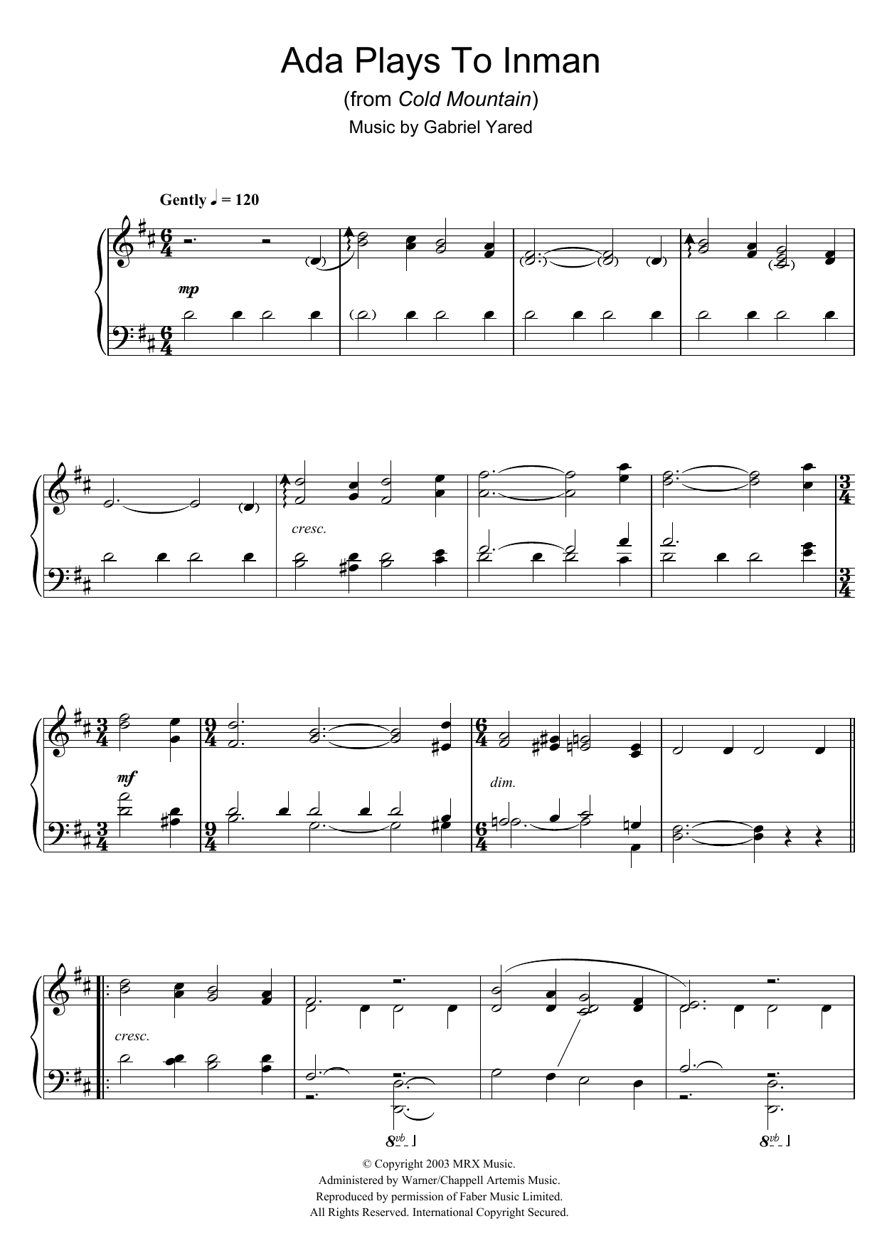 Download Gabriel Yared Ada Plays To Inman (from Cold Mountain) Sheet Music and learn how to play Piano PDF digital score in minutes