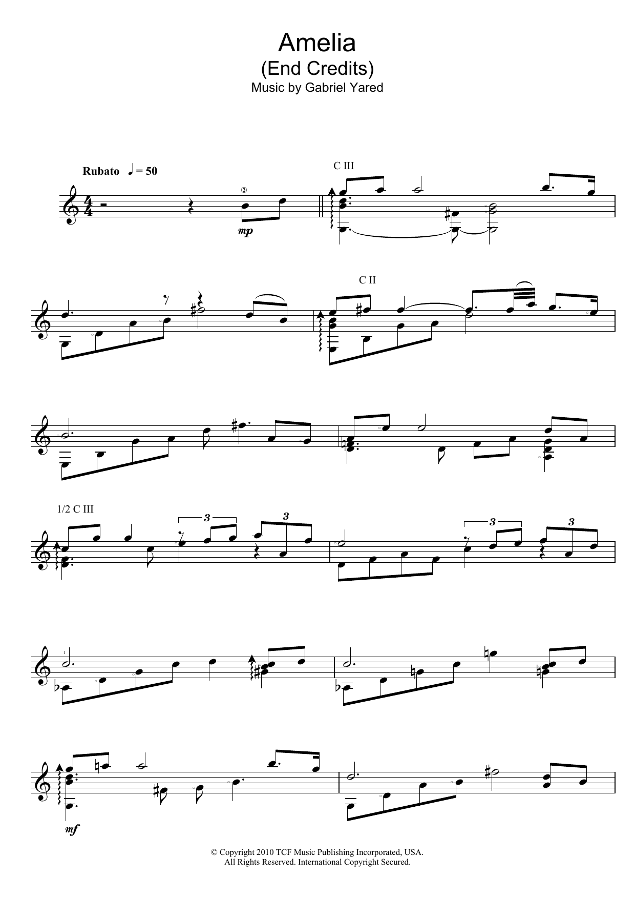 Download Gabriel Yared Amelia (End Credits) Sheet Music and learn how to play Guitar PDF digital score in minutes