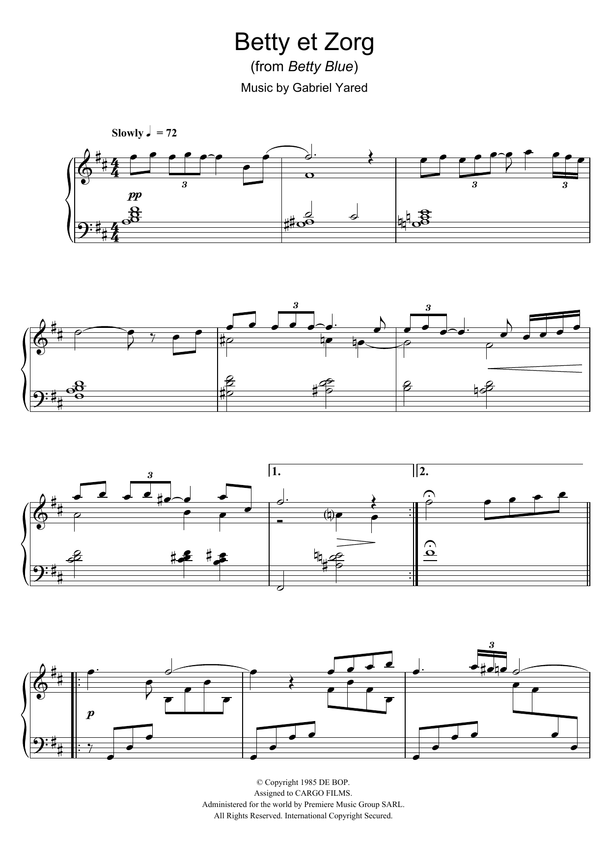 Download Gabriel Yared Betty et Zorg (from Betty Blue) Sheet Music and learn how to play Alto Saxophone PDF digital score in minutes