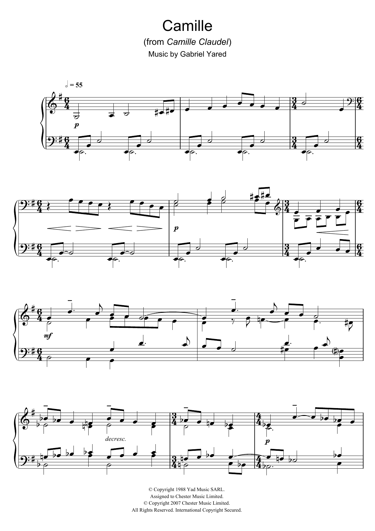 Download Gabriel Yared Camille (from Camille Claudel) Sheet Music and learn how to play Piano PDF digital score in minutes