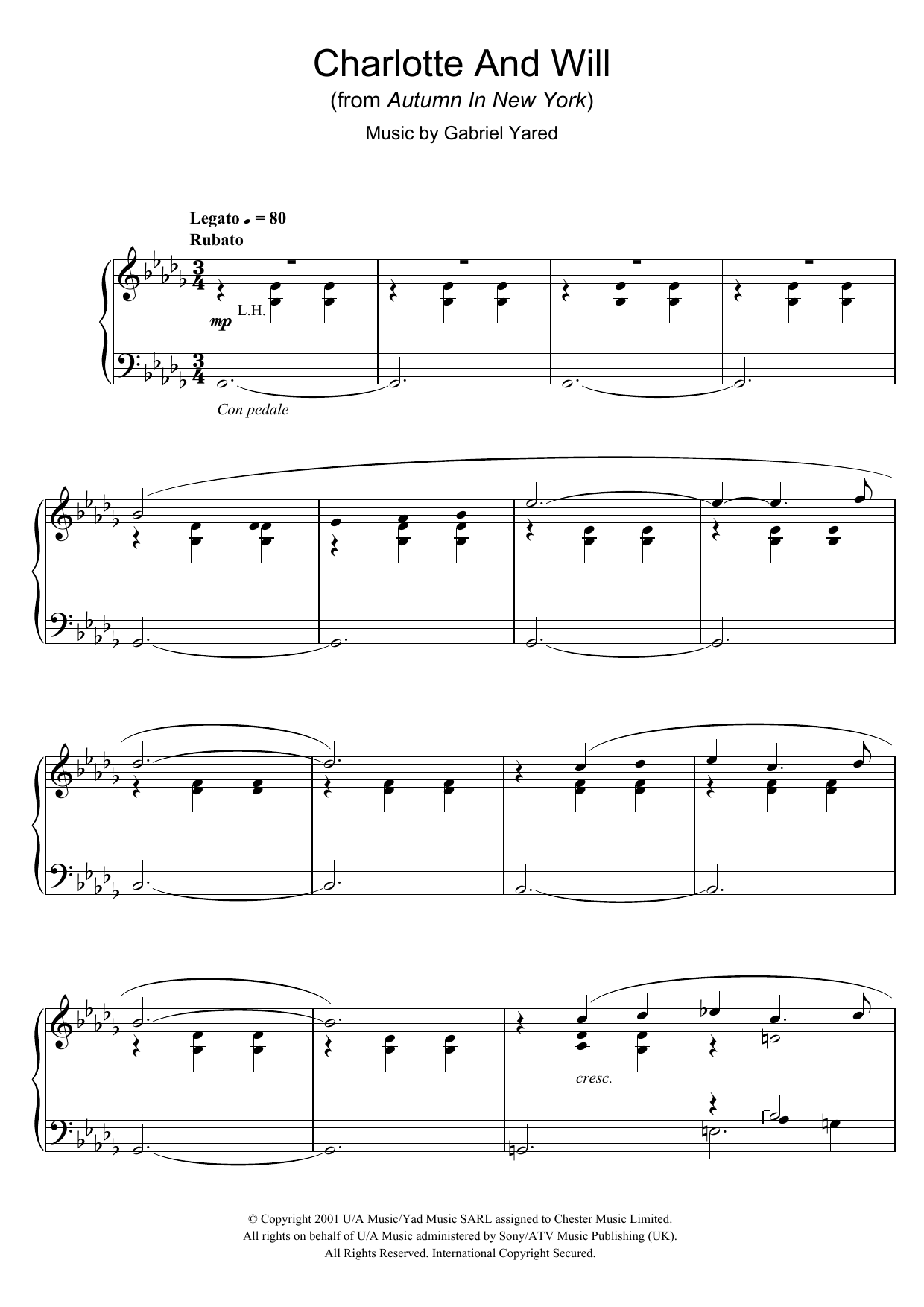 Download Gabriel Yared Charlotte And Will (from Autumn In New York) Sheet Music and learn how to play Piano PDF digital score in minutes