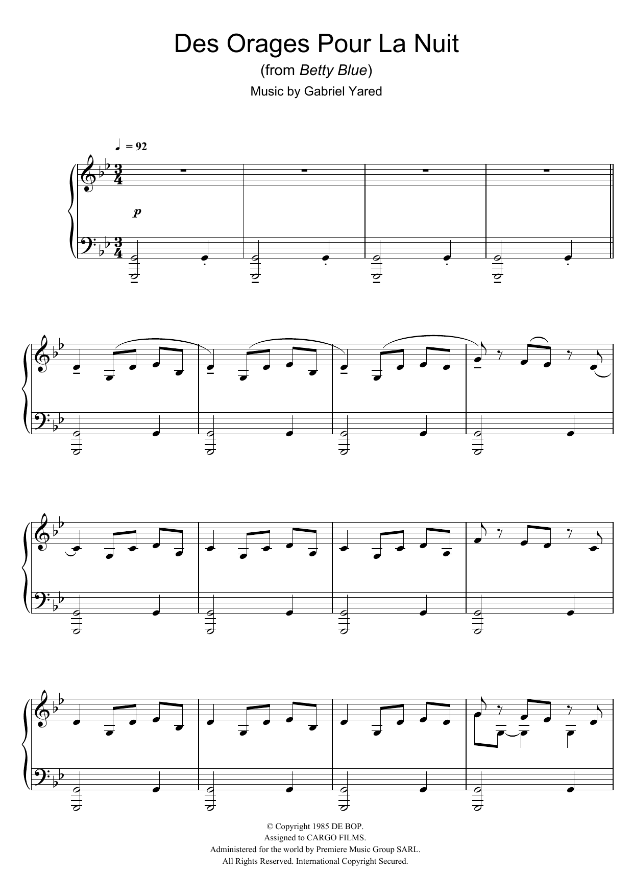 Download Gabriel Yared Des Orages Pour La Nuit (from Betty Blue) Sheet Music and learn how to play Piano PDF digital score in minutes