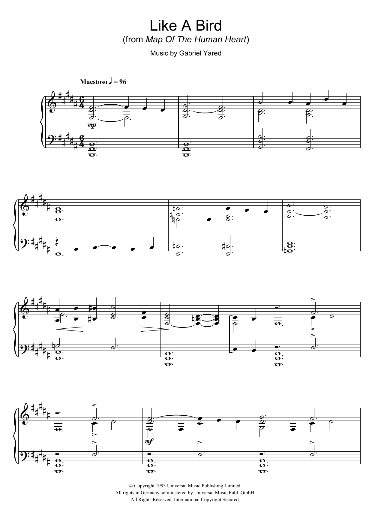 Download Gabriel Yared Like A Bird (from Map Of The Human Heart) Sheet Music and learn how to play Piano PDF digital score in minutes