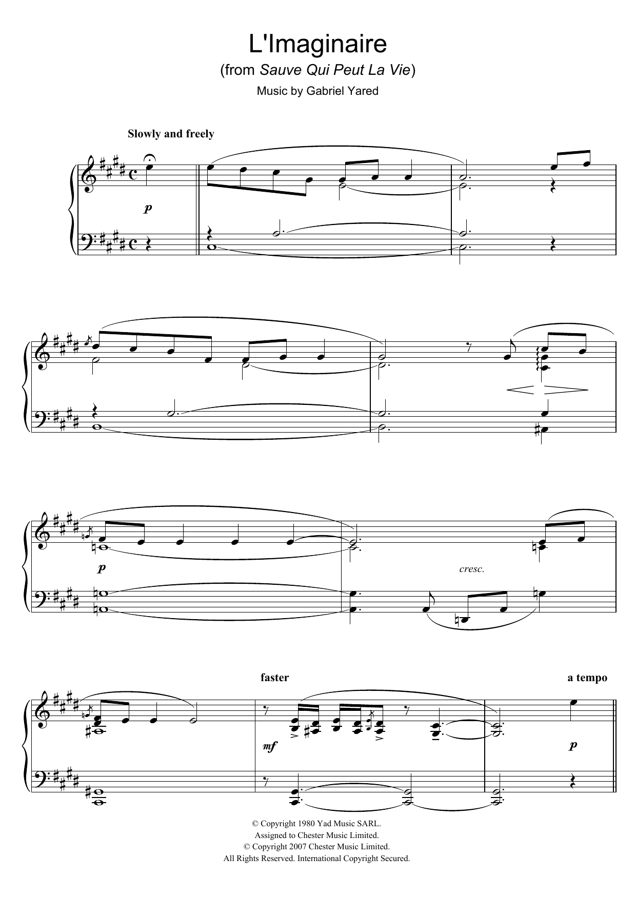 Download Gabriel Yared L'Imaginaire (from Sauve Qui Peut La Vie) Sheet Music and learn how to play Piano PDF digital score in minutes