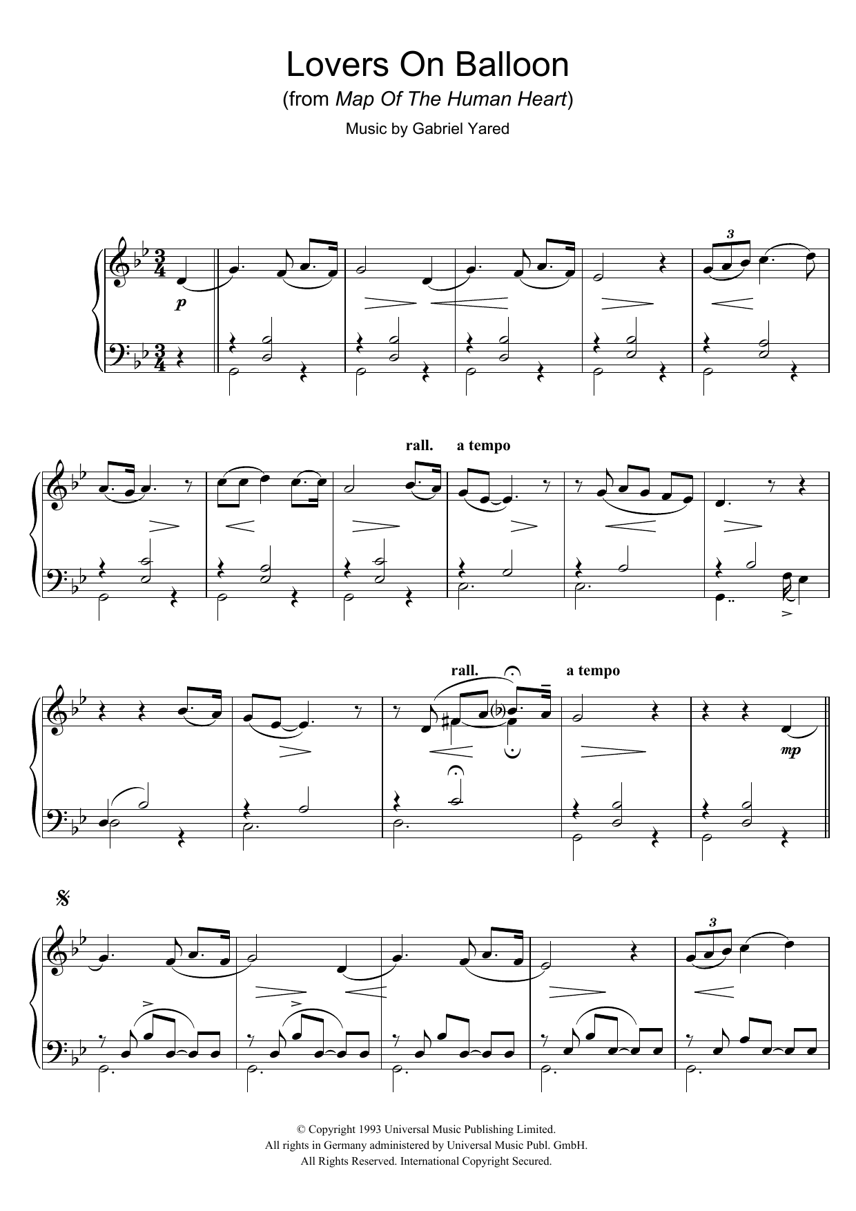 Download Gabriel Yared Lovers On Balloon (from Map Of The Human Heart) Sheet Music and learn how to play Piano PDF digital score in minutes