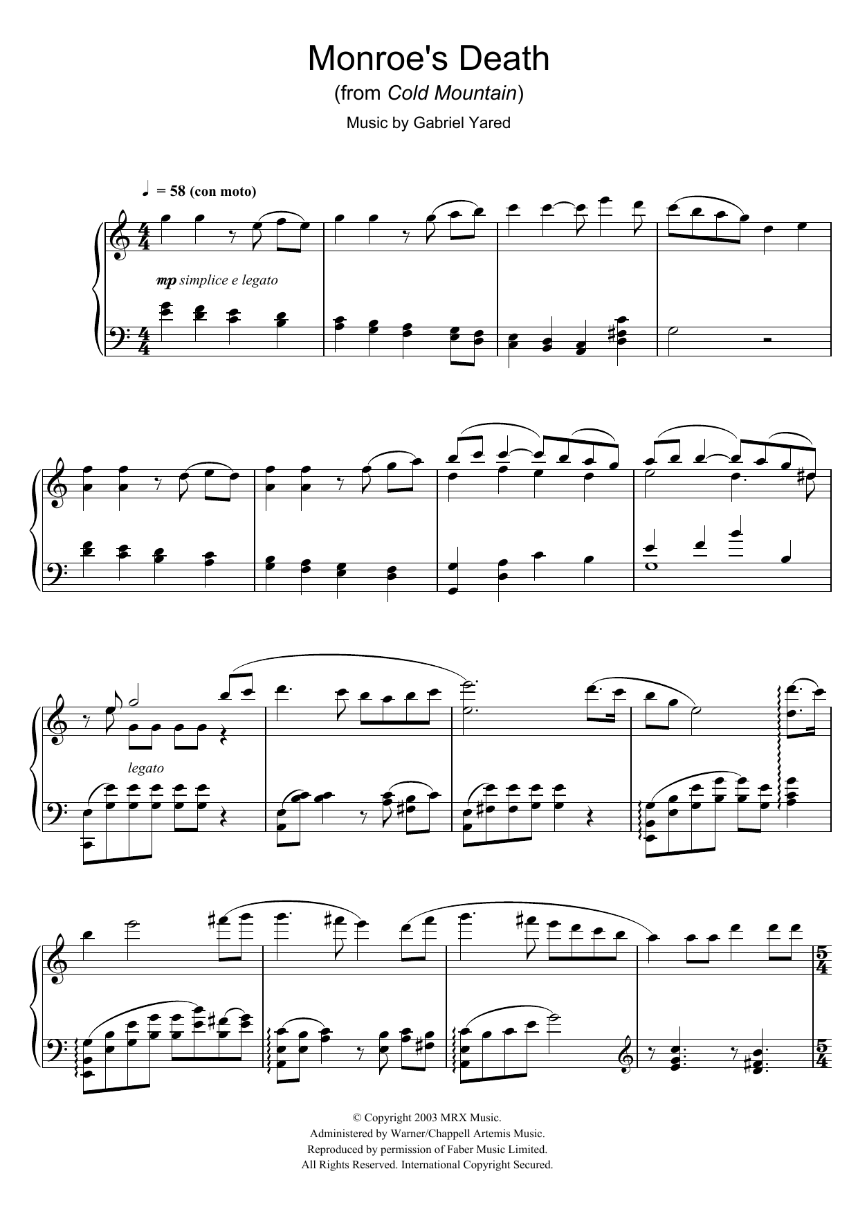 Download Gabriel Yared Monroe's Death (from Cold Mountain) Sheet Music and learn how to play Piano PDF digital score in minutes