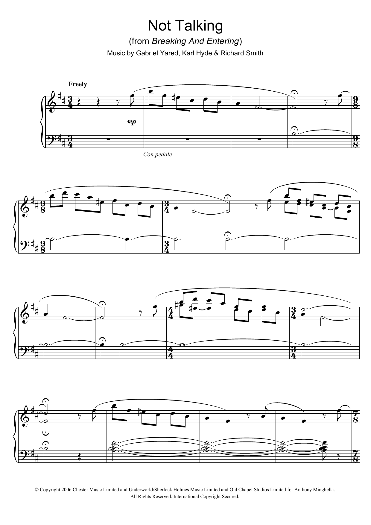 Download Gabriel Yared Not Talking (from Breaking And Entering) Sheet Music and learn how to play Piano PDF digital score in minutes