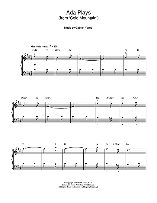 Download Gabriel Yared Ada Plays (from 'Cold Mountain') Sheet Music and learn how to play Beginner Piano PDF digital score in minutes
