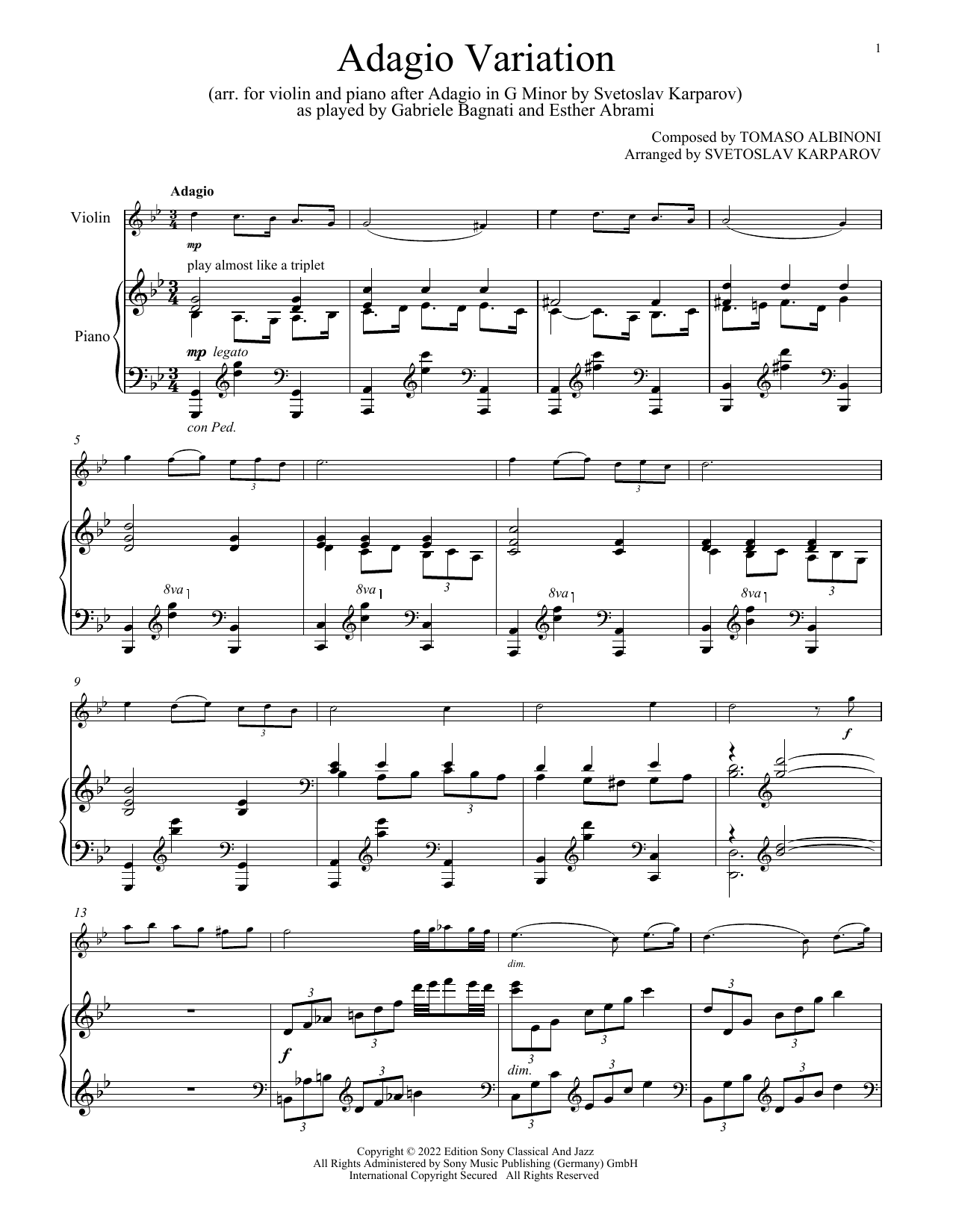 Download Gabriele Bagnati and Esther Abrami Adagio Variation (arr. Svetoslav Karparov) Sheet Music and learn how to play Violin and Piano PDF digital score in minutes