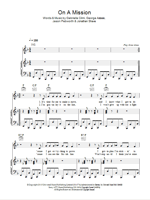 Download Gabriella Cilmi On A Mission Sheet Music and learn how to play Piano, Vocal & Guitar (Right-Hand Melody) PDF digital score in minutes