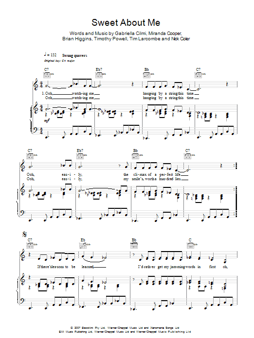 Download Gabriella Cilmi Sweet About Me Sheet Music and learn how to play Piano, Vocal & Guitar (Right-Hand Melody) PDF digital score in minutes