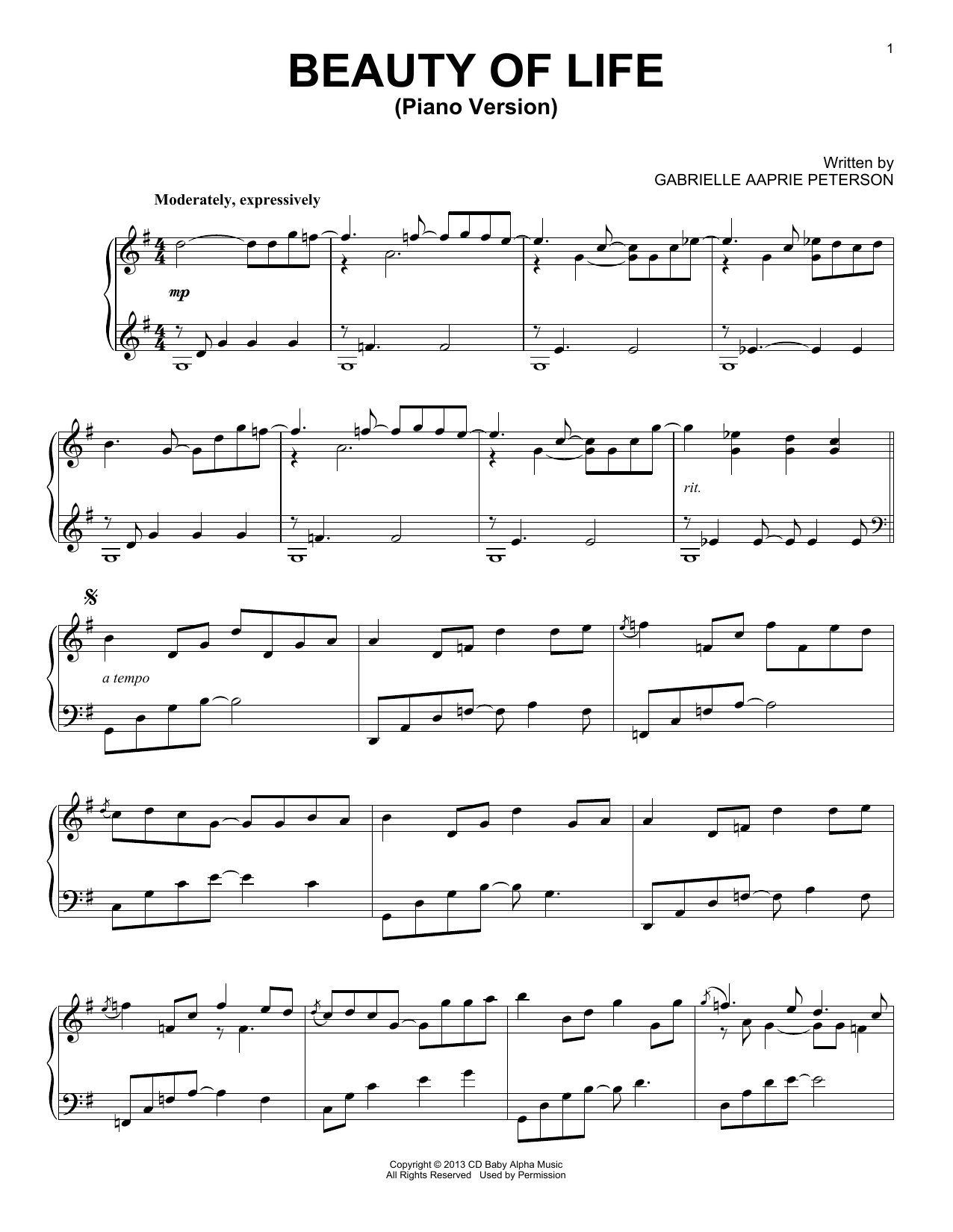 Download Gabrielle Aapri Beauty Of Life Sheet Music and learn how to play Piano Solo PDF digital score in minutes