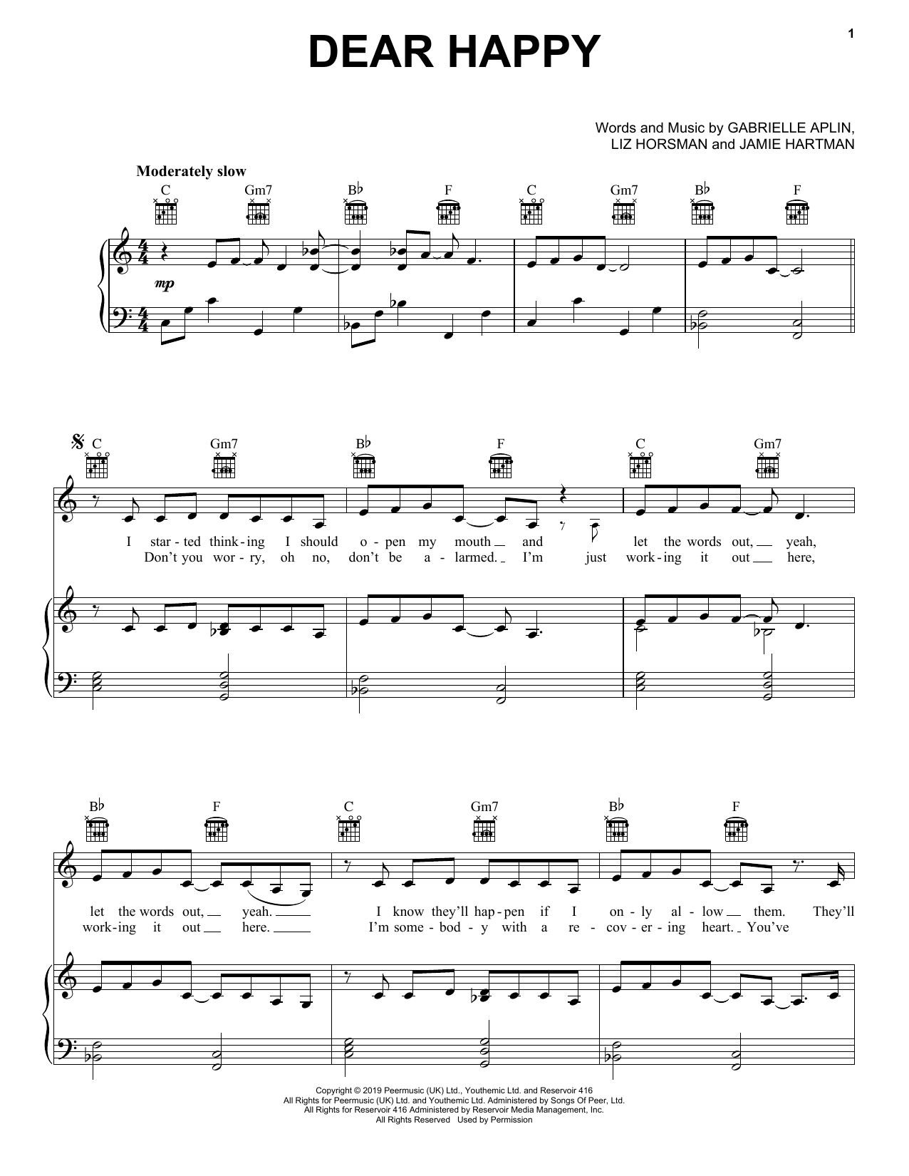 Download Gabrielle Aplin Dear Happy Sheet Music and learn how to play Piano, Vocal & Guitar Chords (Right-Hand Melody) PDF digital score in minutes