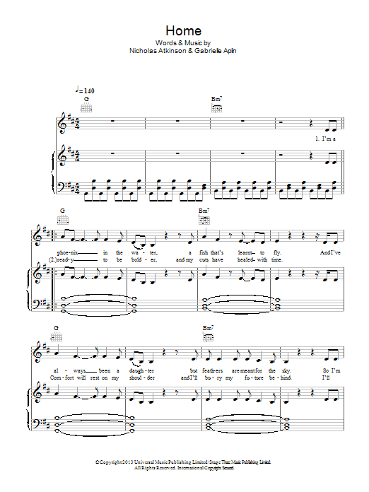 Download Gabrielle Aplin Home Sheet Music and learn how to play Piano, Vocal & Guitar (Right-Hand Melody) PDF digital score in minutes