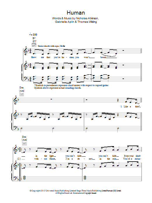 Download Gabrielle Aplin Human Sheet Music and learn how to play Piano, Vocal & Guitar (Right-Hand Melody) PDF digital score in minutes