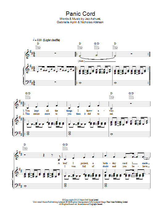 Download Gabrielle Aplin Panic Cord Sheet Music and learn how to play Alto Saxophone PDF digital score in minutes
