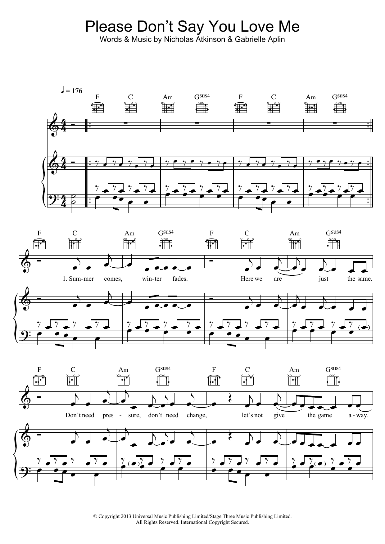 Download Gabrielle Aplin Please Don't Say You Love Me Sheet Music and learn how to play Beginner Piano PDF digital score in minutes