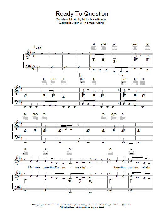 Download Gabrielle Aplin Ready To Question Sheet Music and learn how to play Piano, Vocal & Guitar (Right-Hand Melody) PDF digital score in minutes