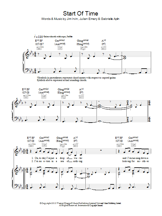 Download Gabrielle Aplin Start Of Time Sheet Music and learn how to play Piano, Vocal & Guitar (Right-Hand Melody) PDF digital score in minutes