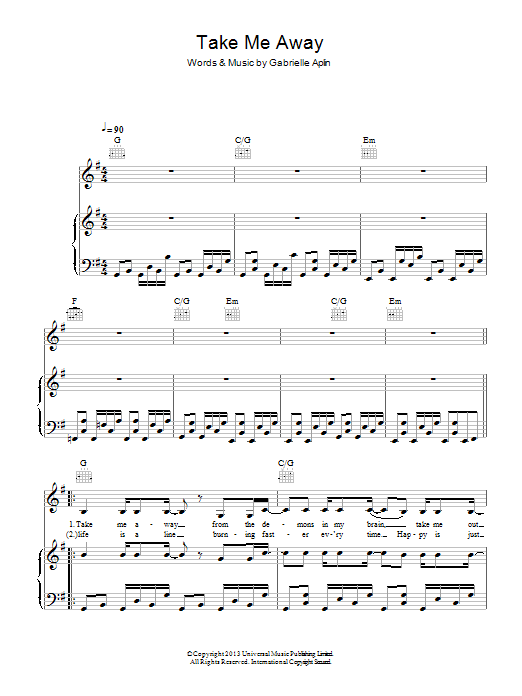 Download Gabrielle Aplin Take Me Away Sheet Music and learn how to play Piano, Vocal & Guitar (Right-Hand Melody) PDF digital score in minutes