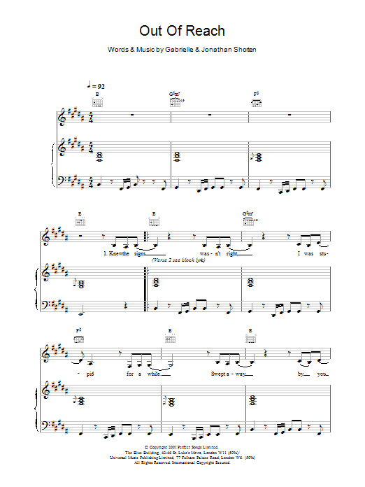 Download Gabrielle Out Of Reach Sheet Music and learn how to play Alto Saxophone PDF digital score in minutes