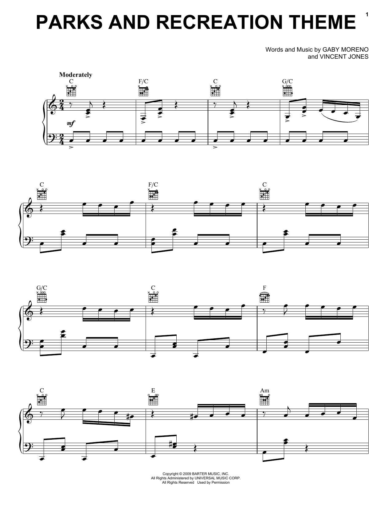 Download Gaby Moreno and Vincent Jones Parks And Recreation Theme Sheet Music and learn how to play Piano Solo PDF digital score in minutes