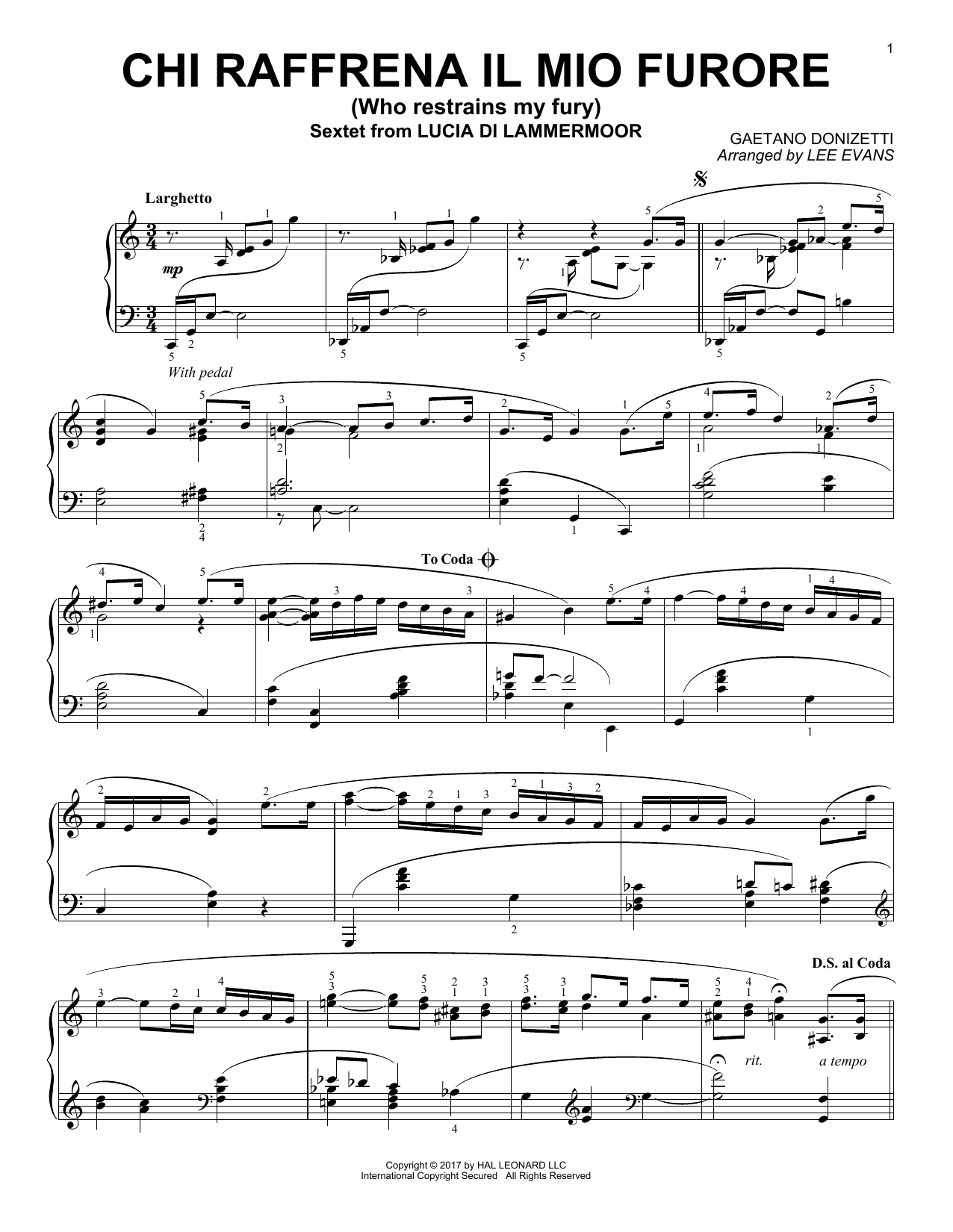 Download Lee Evans Sextet (Chi Raffrena Il Mio Furore) Sheet Music and learn how to play Piano PDF digital score in minutes