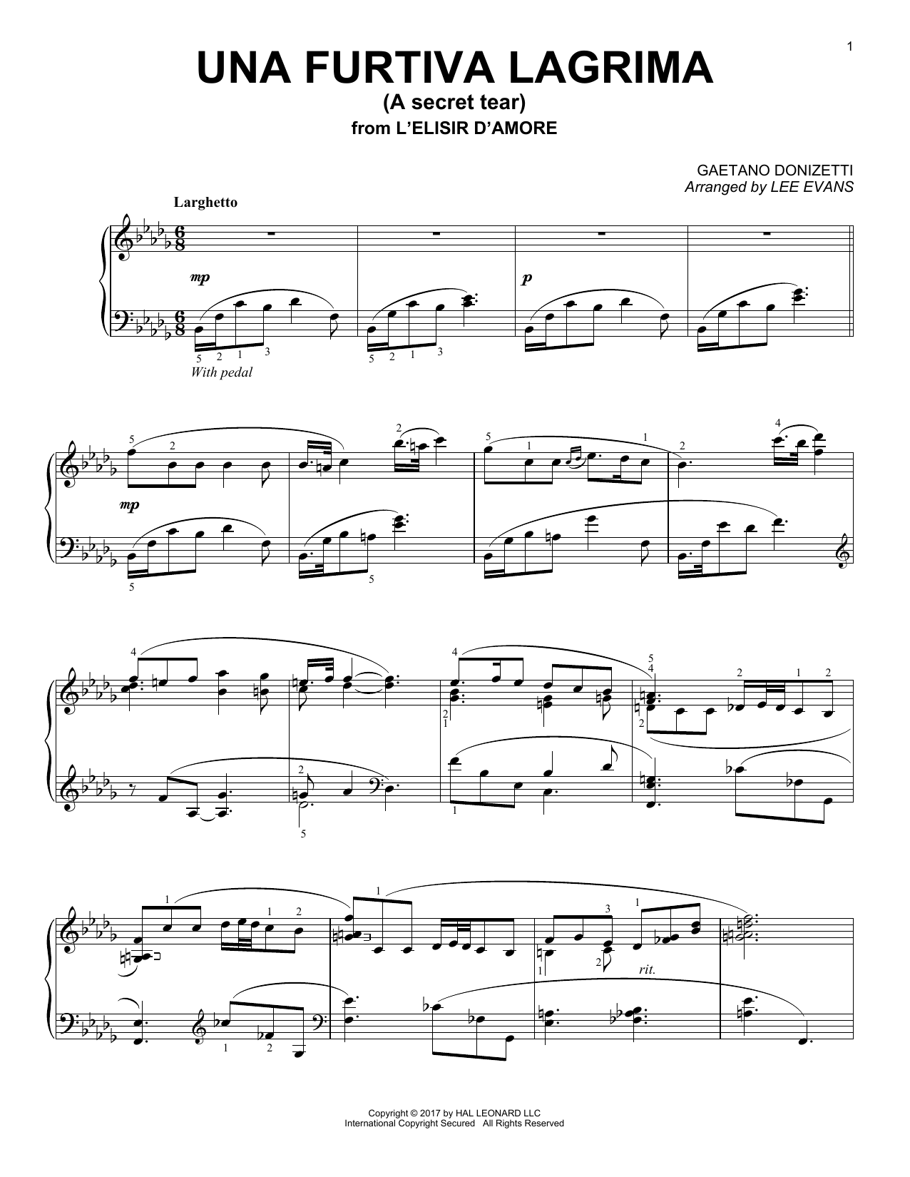 Download Lee Evans Una Furtiva Lagrima (The Elixir Of Love) Sheet Music and learn how to play Piano PDF digital score in minutes