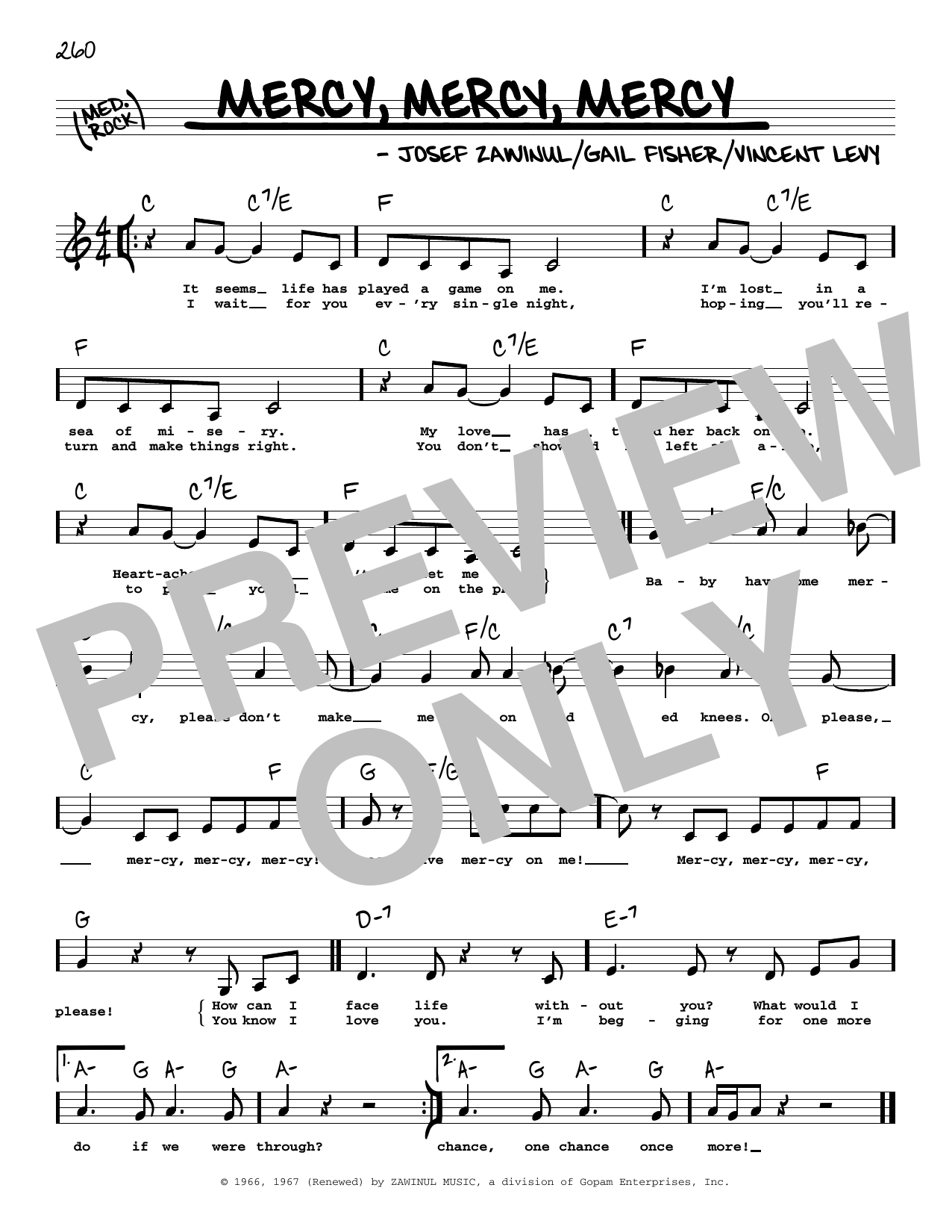 Download Gail Fisher Mercy, Mercy, Mercy (Low Voice) Sheet Music and learn how to play Real Book – Melody, Lyrics & Chords PDF digital score in minutes