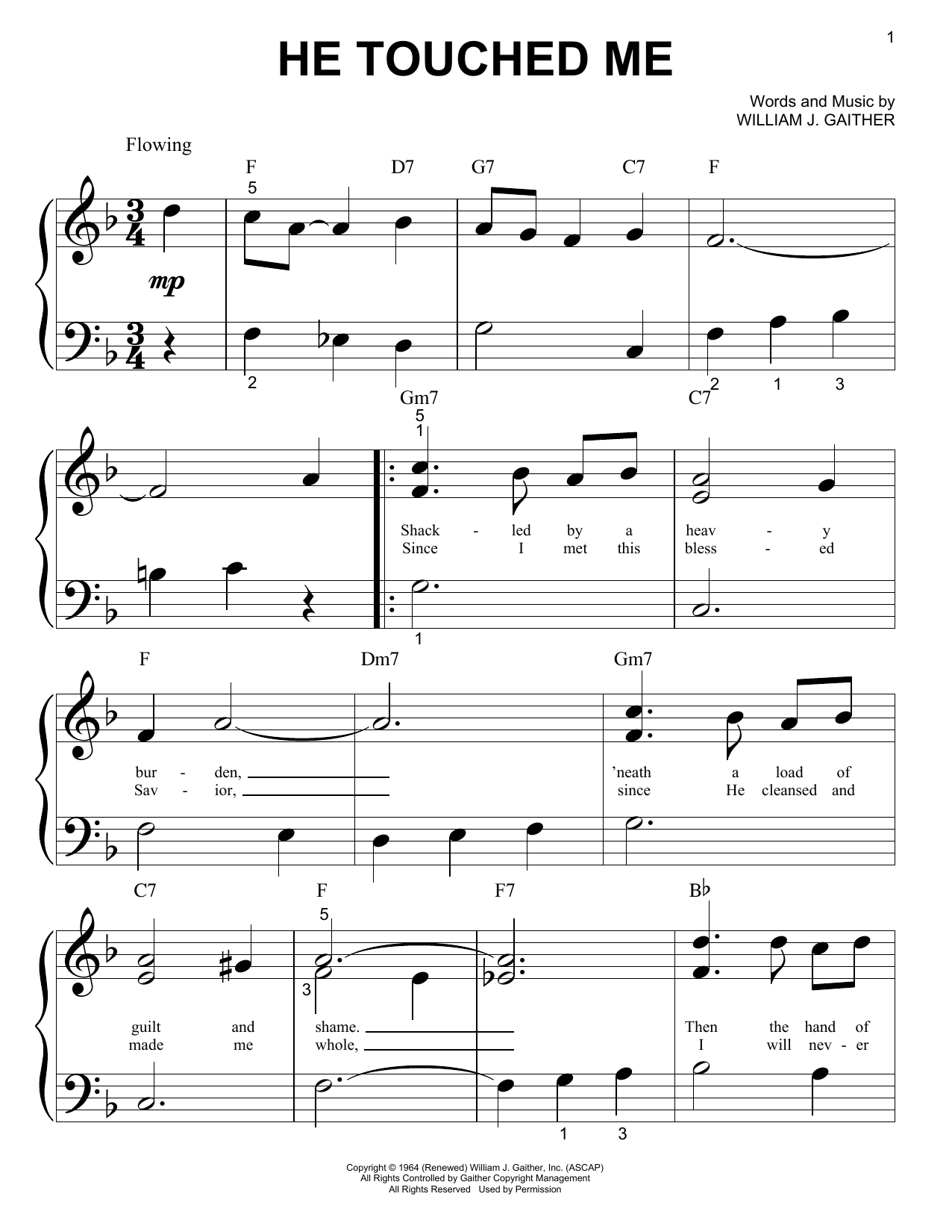 Download William J. Gaither He Touched Me Sheet Music and learn how to play Super Easy Piano PDF digital score in minutes