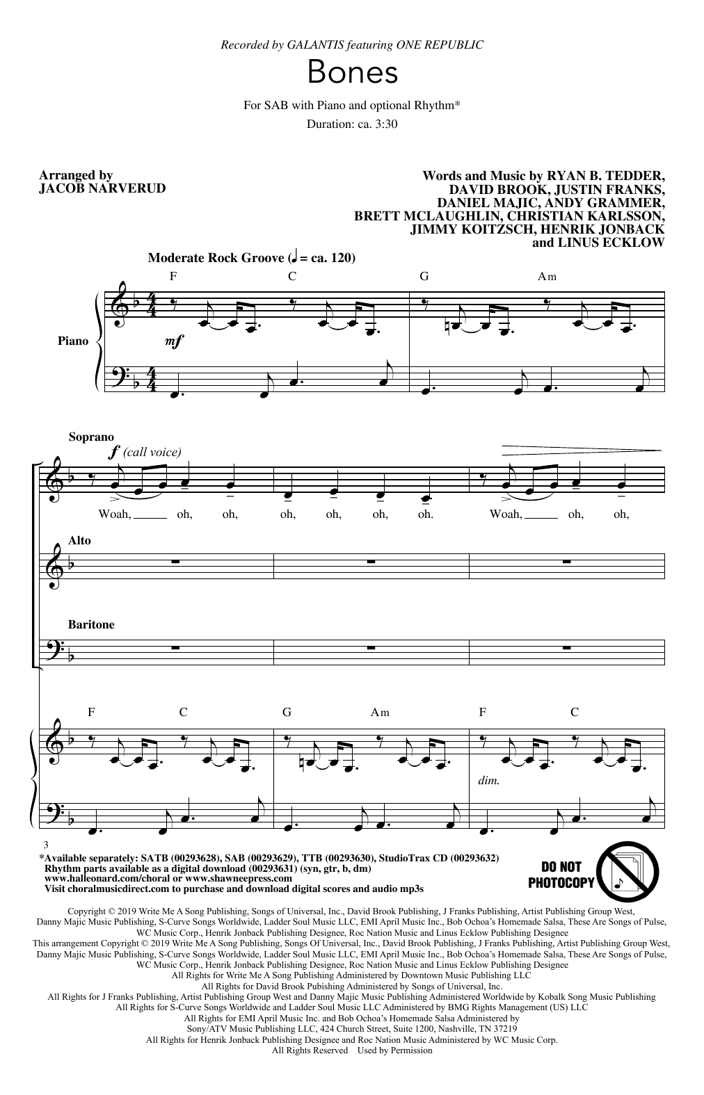 Download Galantis Bones (feat. OneRepublic) (arr. Jacob Narverud) Sheet Music and learn how to play TTBB Choir PDF digital score in minutes